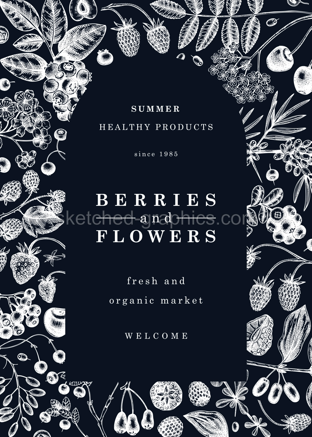 Wild berries card or invitation on chalkboard. Hand drawn fruits and flowers vector frame design. Vintage forest plants sketch. Summer berries - strawberry, raspberry, blackberry, blackberry, cherry.  Illustration